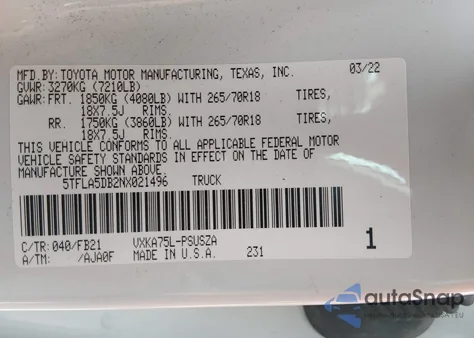 2022 Toyota Tundra Sr5 z USA, uszkodzony, nr VIN 5TFLA5DB2NX021496